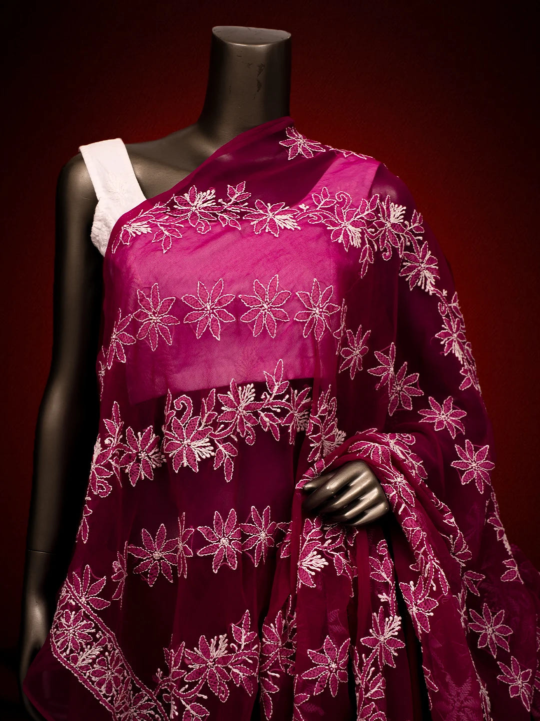 Ada Hand Embroidered Magenta Georgette Lucknowi Chikankari Dupatta 01A410210