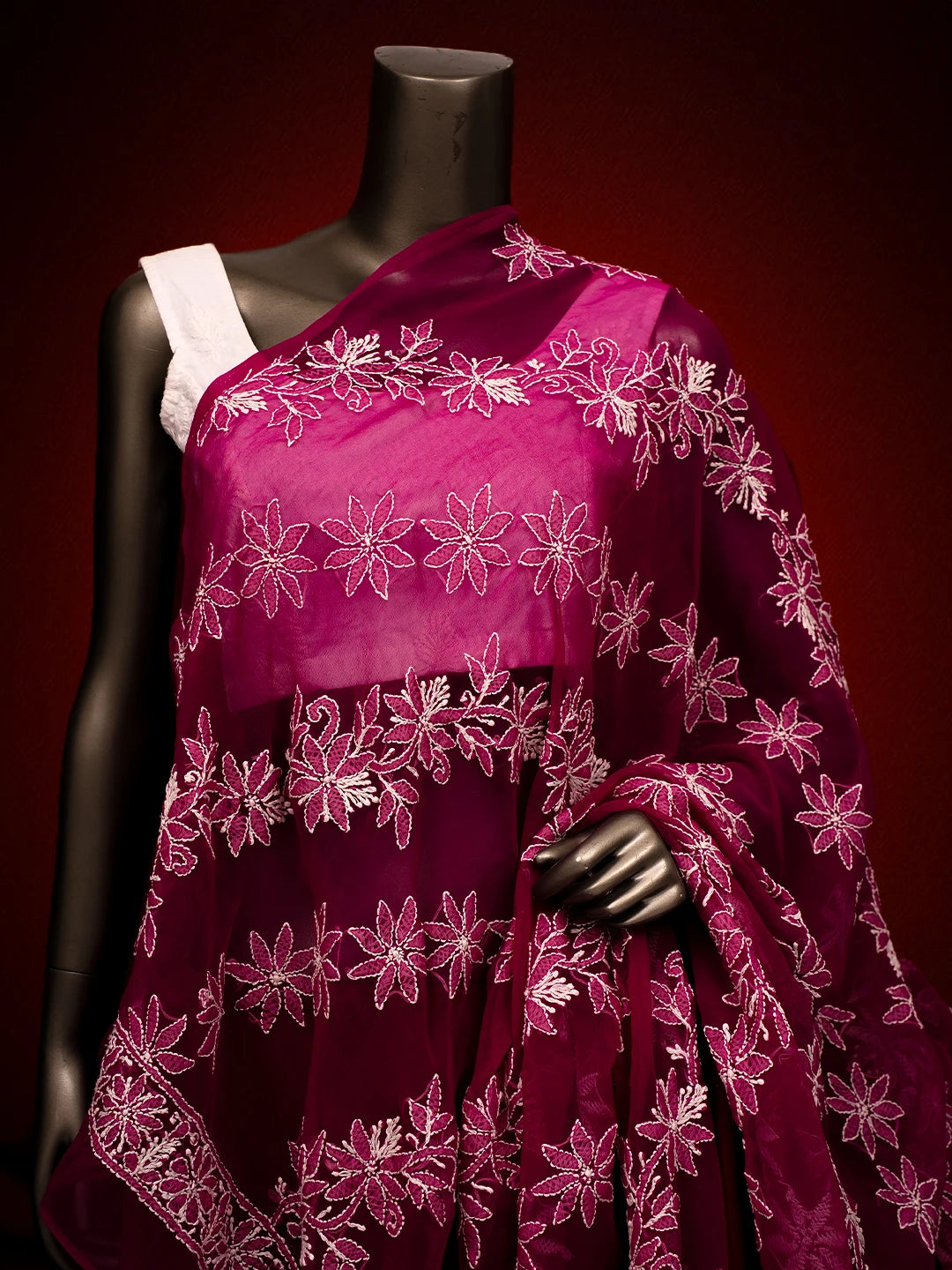Ada Hand Embroidered Magenta Georgette Lucknowi Chikankari Dupatta 01A410210