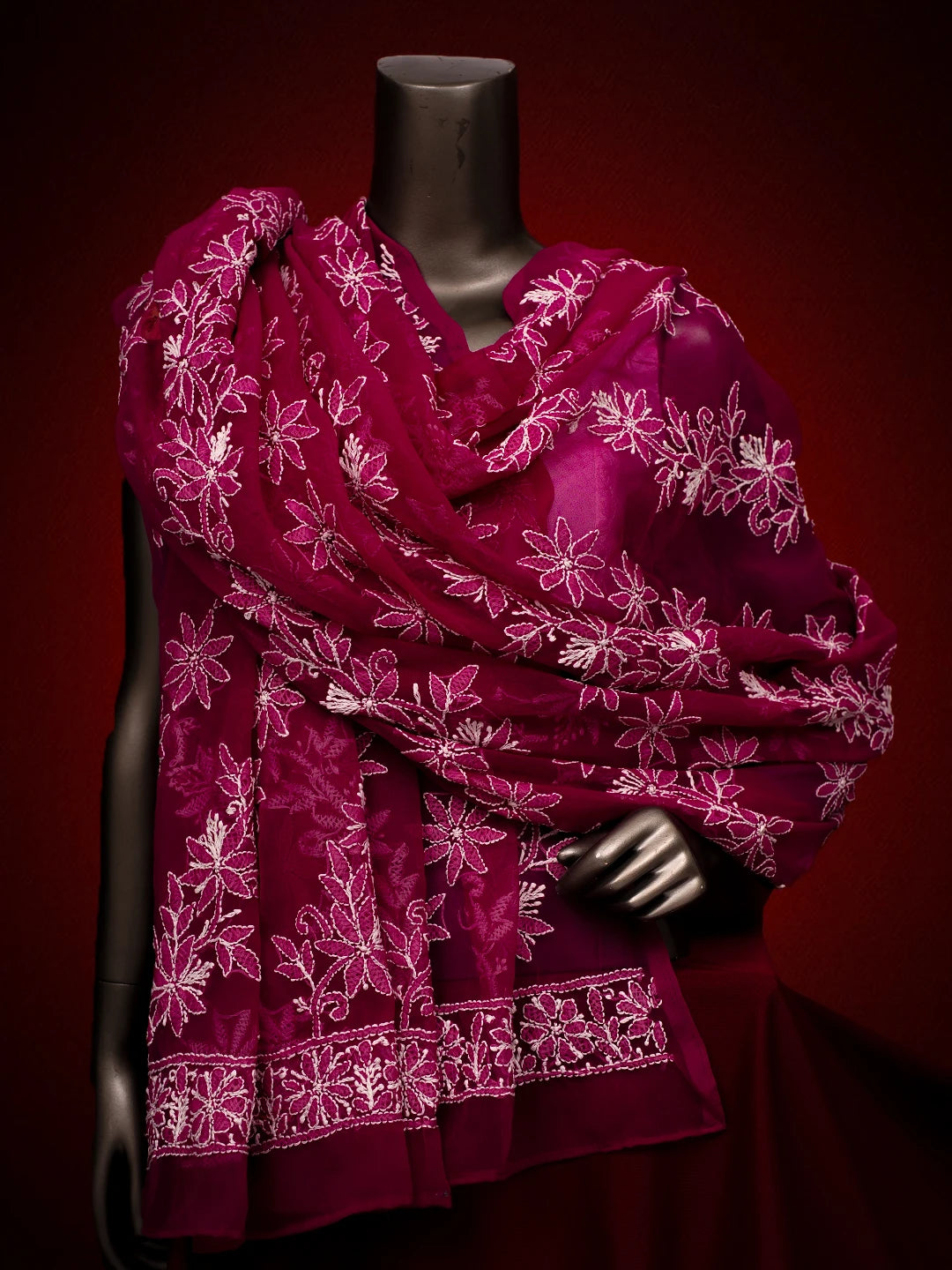 Ada Hand Embroidered Magenta Georgette Lucknowi Chikankari Dupatta 01A410210
