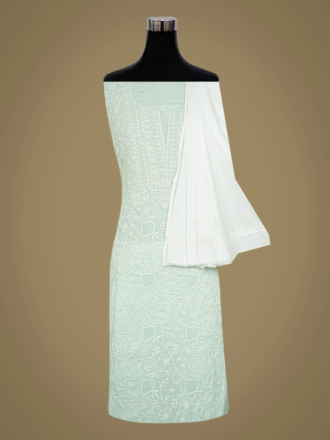 Ada Hand Embroidered Seafoam Green Cotton Lucknowi Chikankari Unstitched Kurta Dupatta Set 01A409471
