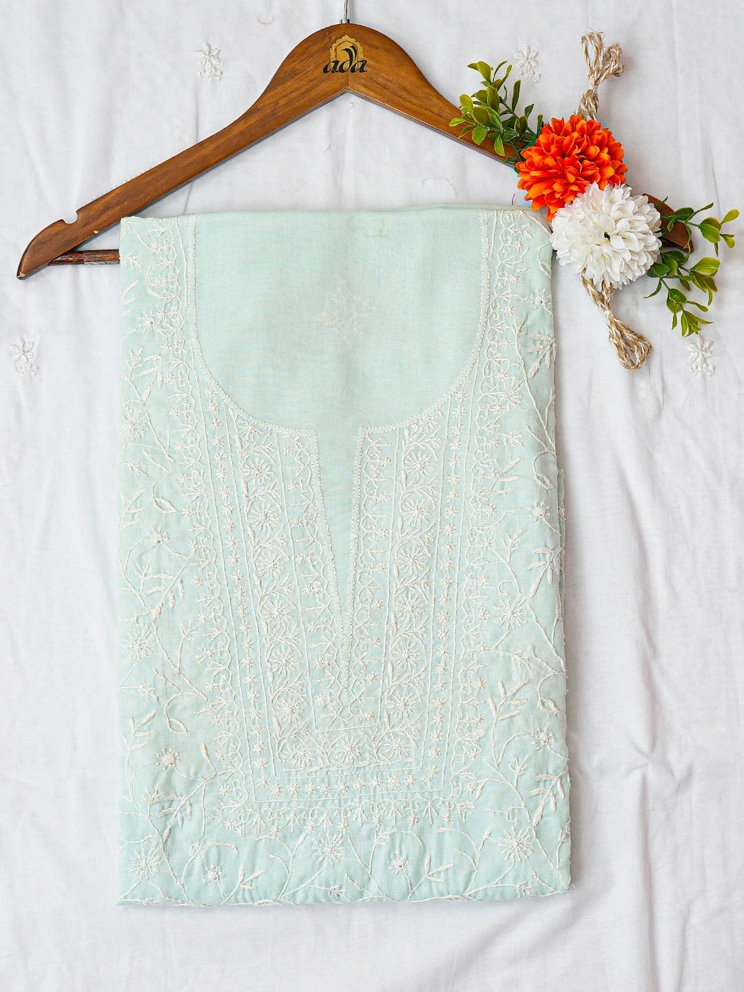 Ada Hand Embroidered Seafoam Green Cotton Lucknowi Chikankari Unstitched Kurta Dupatta Set 01A409471