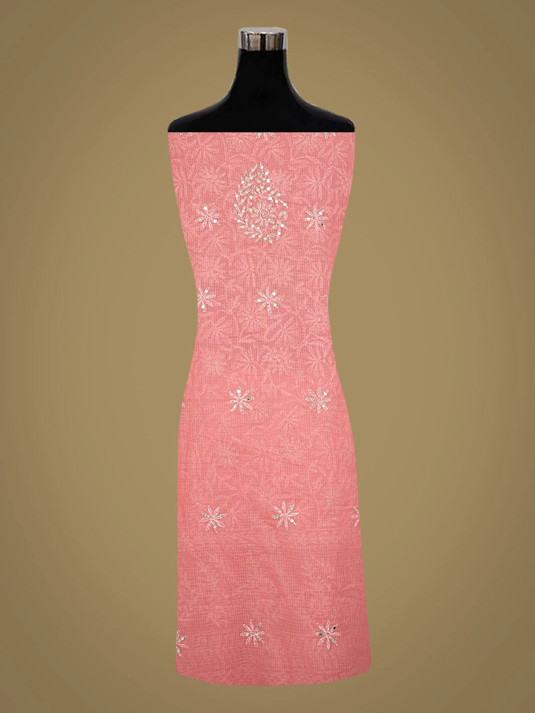 Ada Hand Embroidered Carrot Pink Kota Lucknowi Chikankari Unstitched Kurta Dupatta Set with Zari Work 01A415259