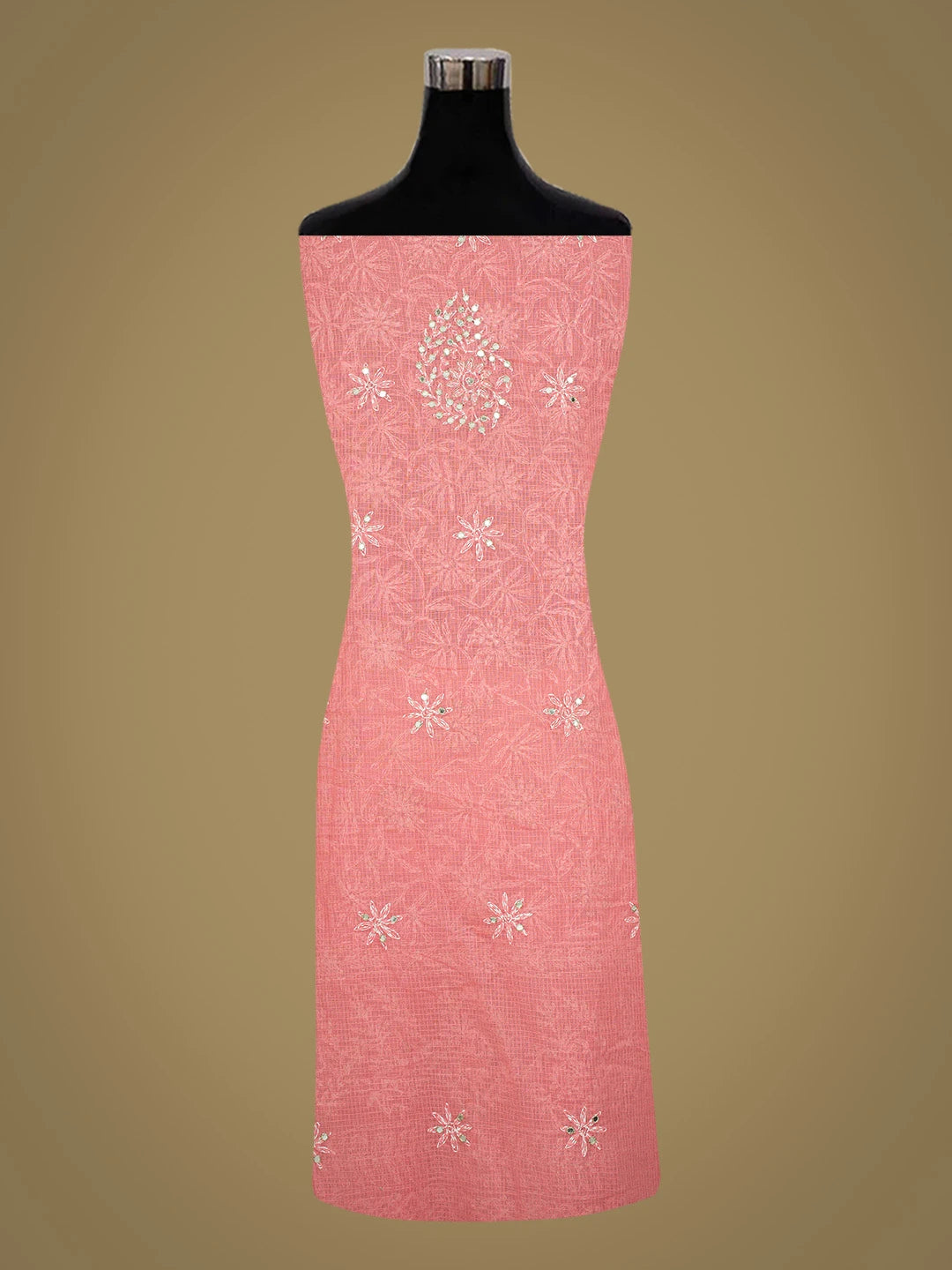 Ada Hand Embroidered Carrot Pink Kota Lucknowi Chikankari Unstitched Kurta Dupatta Set with Zari Work 01A415259