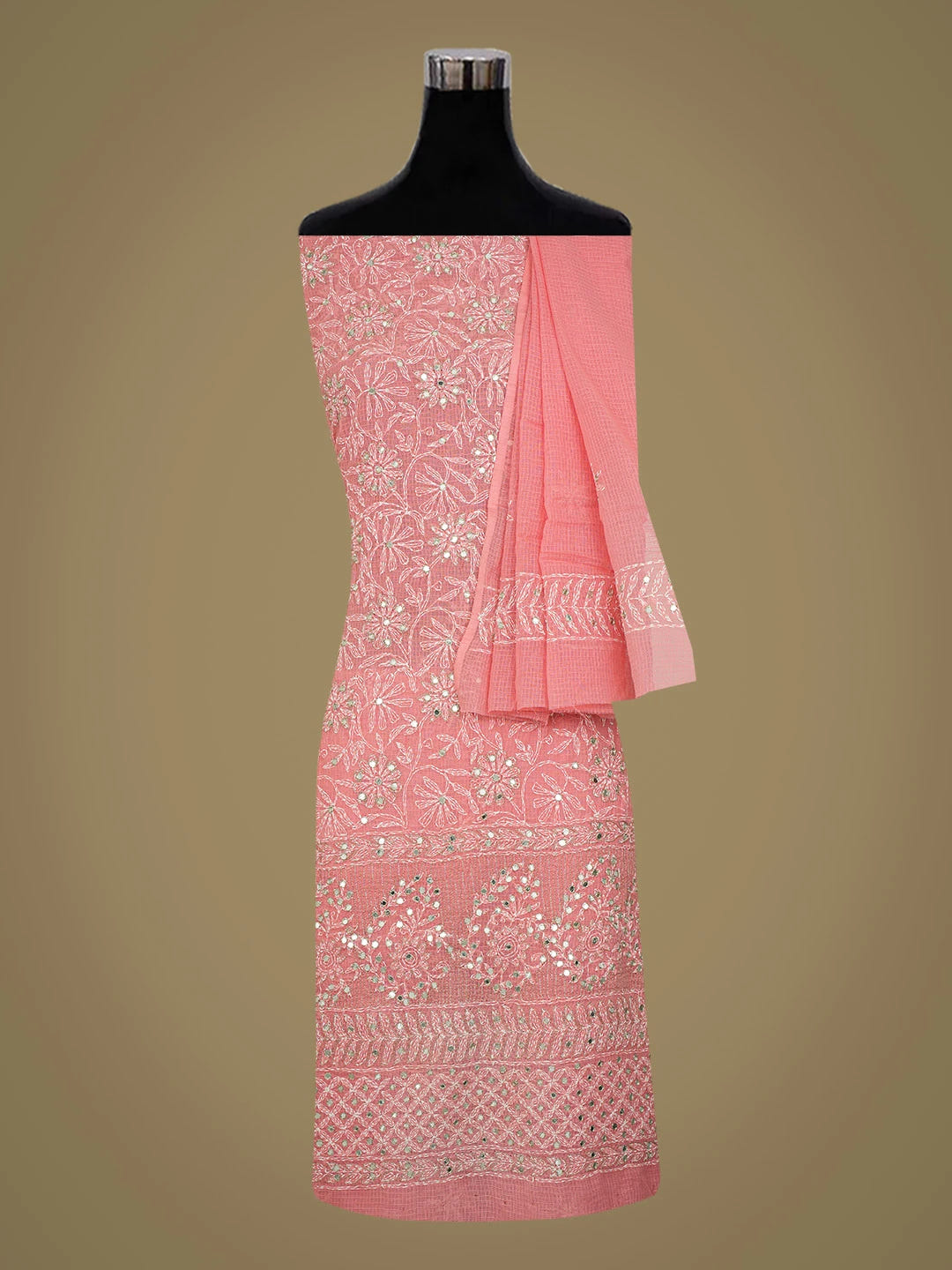 Ada Hand Embroidered Carrot Pink Kota Lucknowi Chikankari Unstitched Kurta Dupatta Set with Zari Work 01A415259