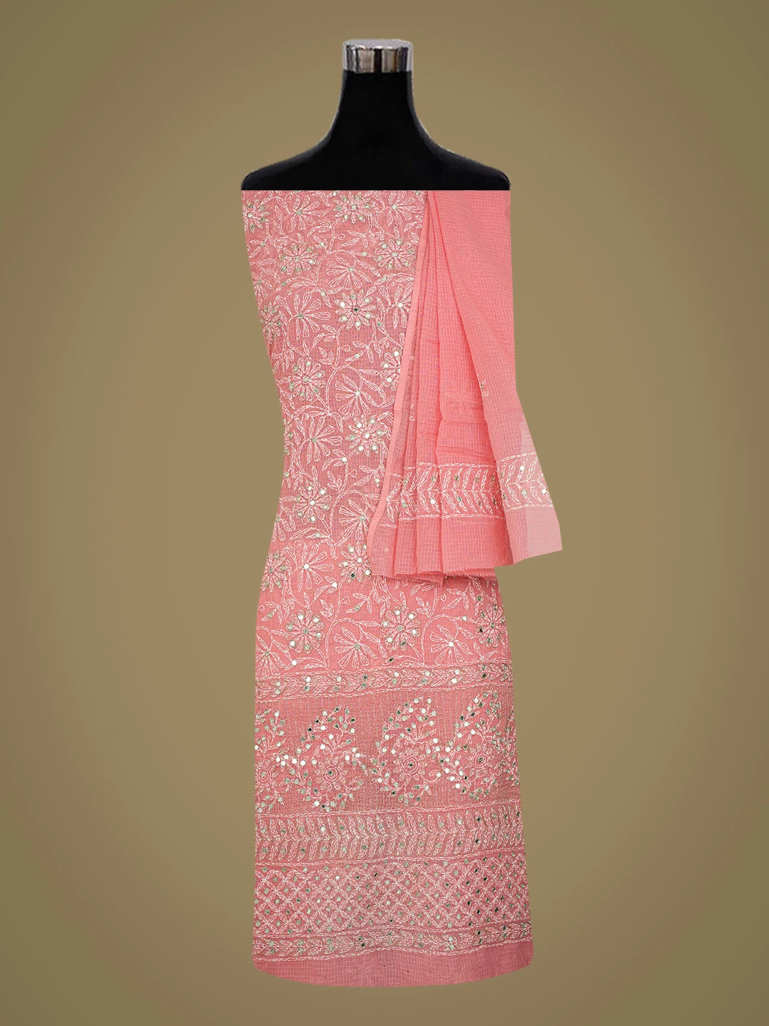 Ada Hand Embroidered Carrot Pink Kota Lucknowi Chikankari Unstitched Kurta Dupatta Set with Zari Work 01A415259