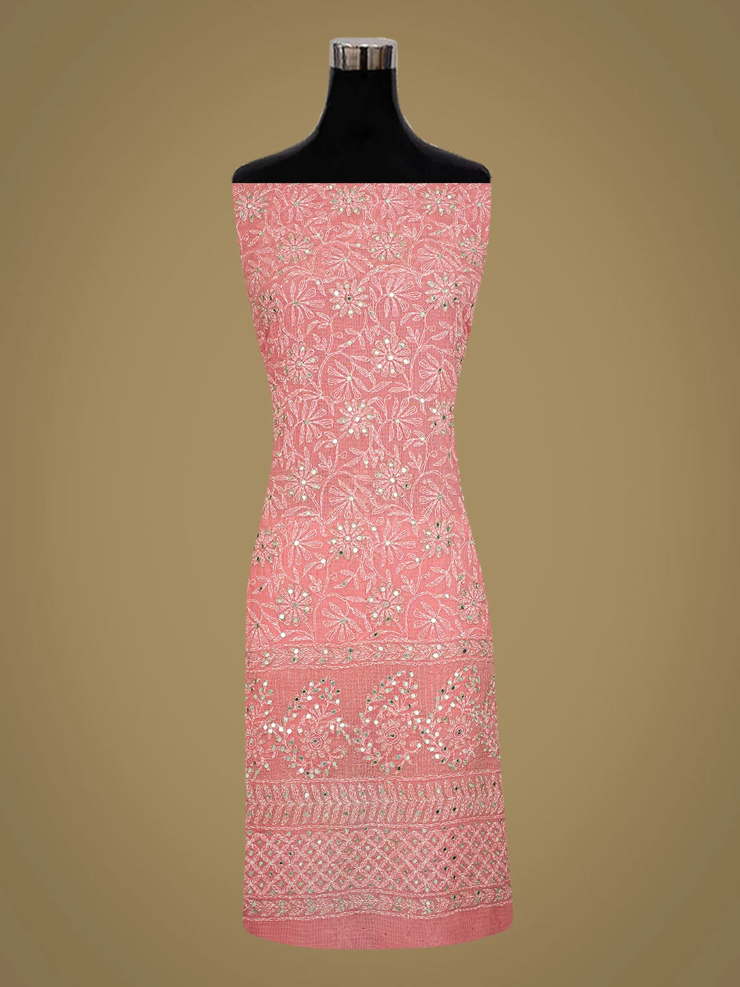 Ada Hand Embroidered Carrot Pink Kota Lucknowi Chikankari Unstitched Kurta Dupatta Set with Zari Work 01A415259