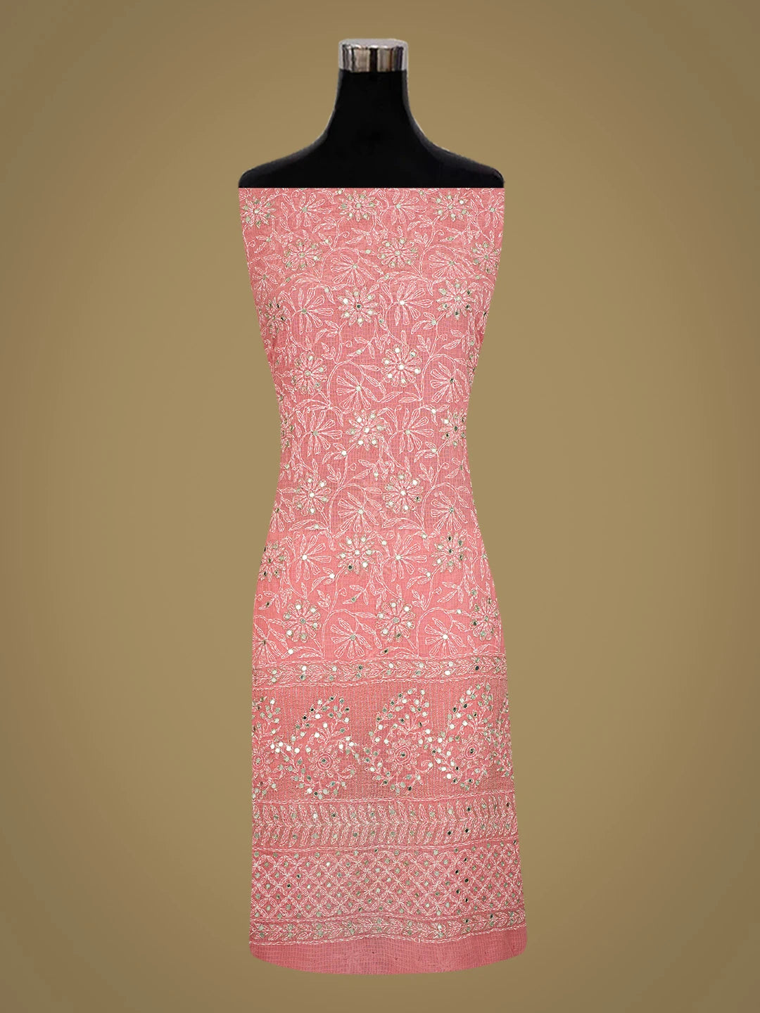 Ada Hand Embroidered Carrot Pink Kota Lucknowi Chikankari Unstitched Kurta Dupatta Set with Zari Work 01A415259