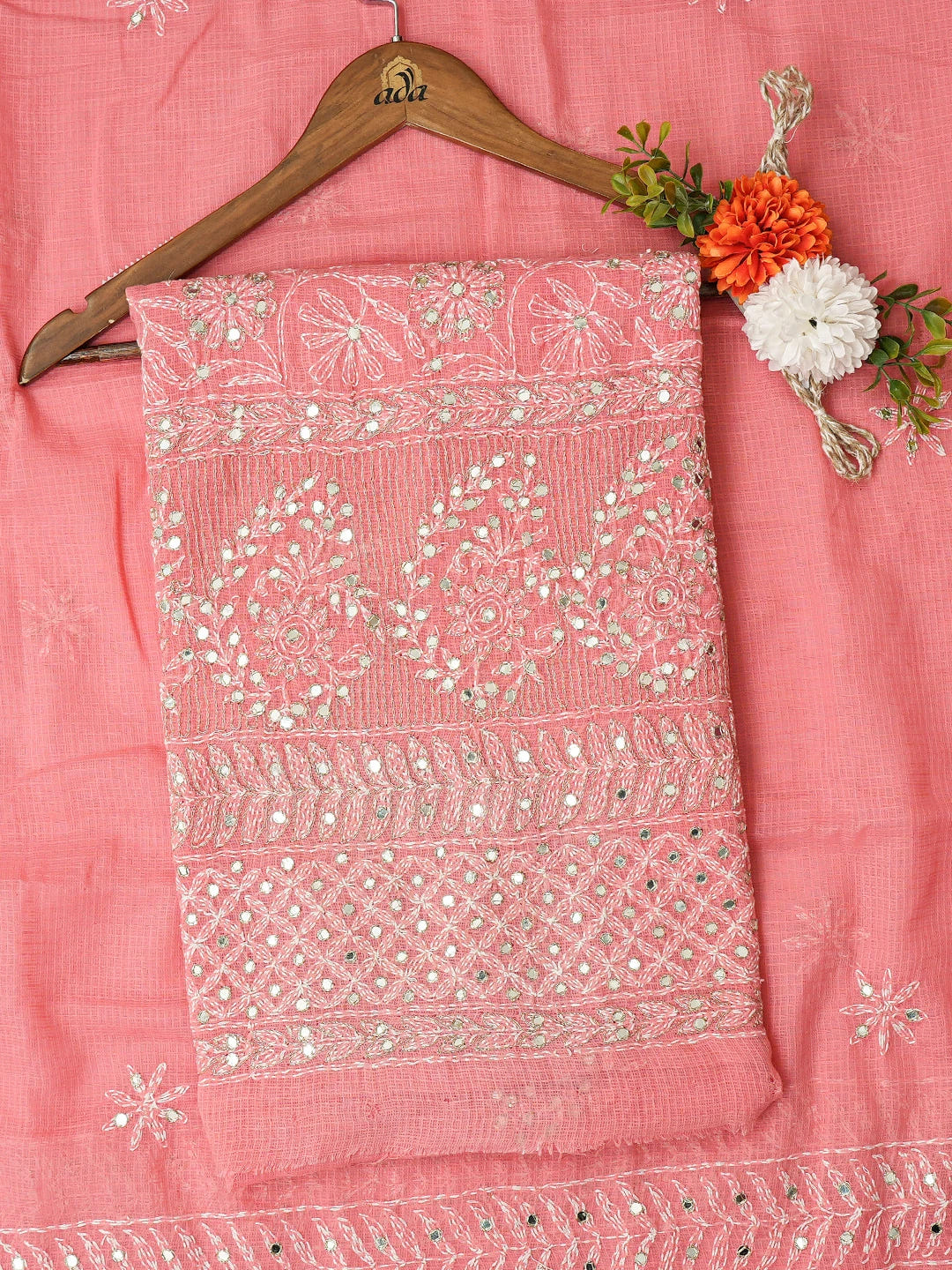 Ada Hand Embroidered Carrot Pink Kota Lucknowi Chikankari Unstitched Kurta Dupatta Set with Zari Work 01A415259