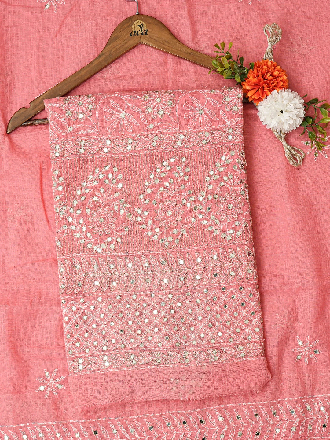 Ada Hand Embroidered Carrot Pink Kota Lucknowi Chikankari Unstitched Kurta Dupatta Set with Zari Work 01A415259