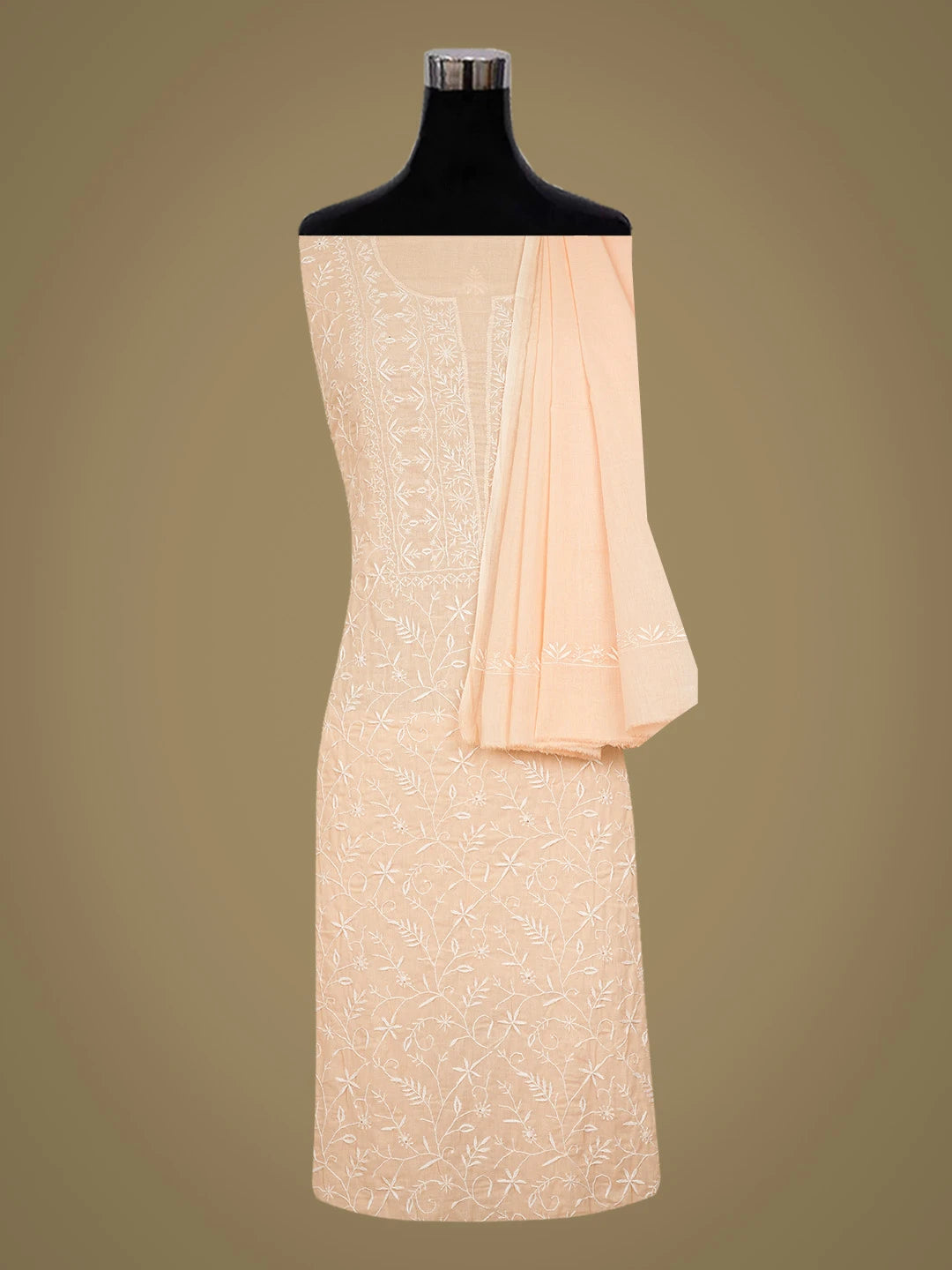 Ada Hand Embroidered Creamy Peach Cotton Lucknowi Chikankari Unstitched Kurta Dupatta Set 01A307500