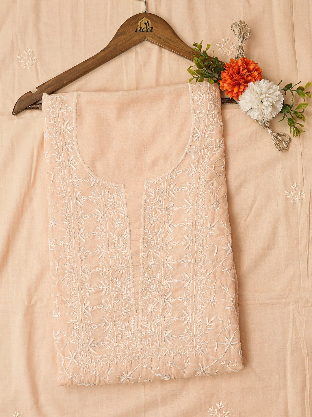 Ada Hand Embroidered Creamy Peach Cotton Lucknowi Chikankari Unstitched Kurta Dupatta Set 01A307500