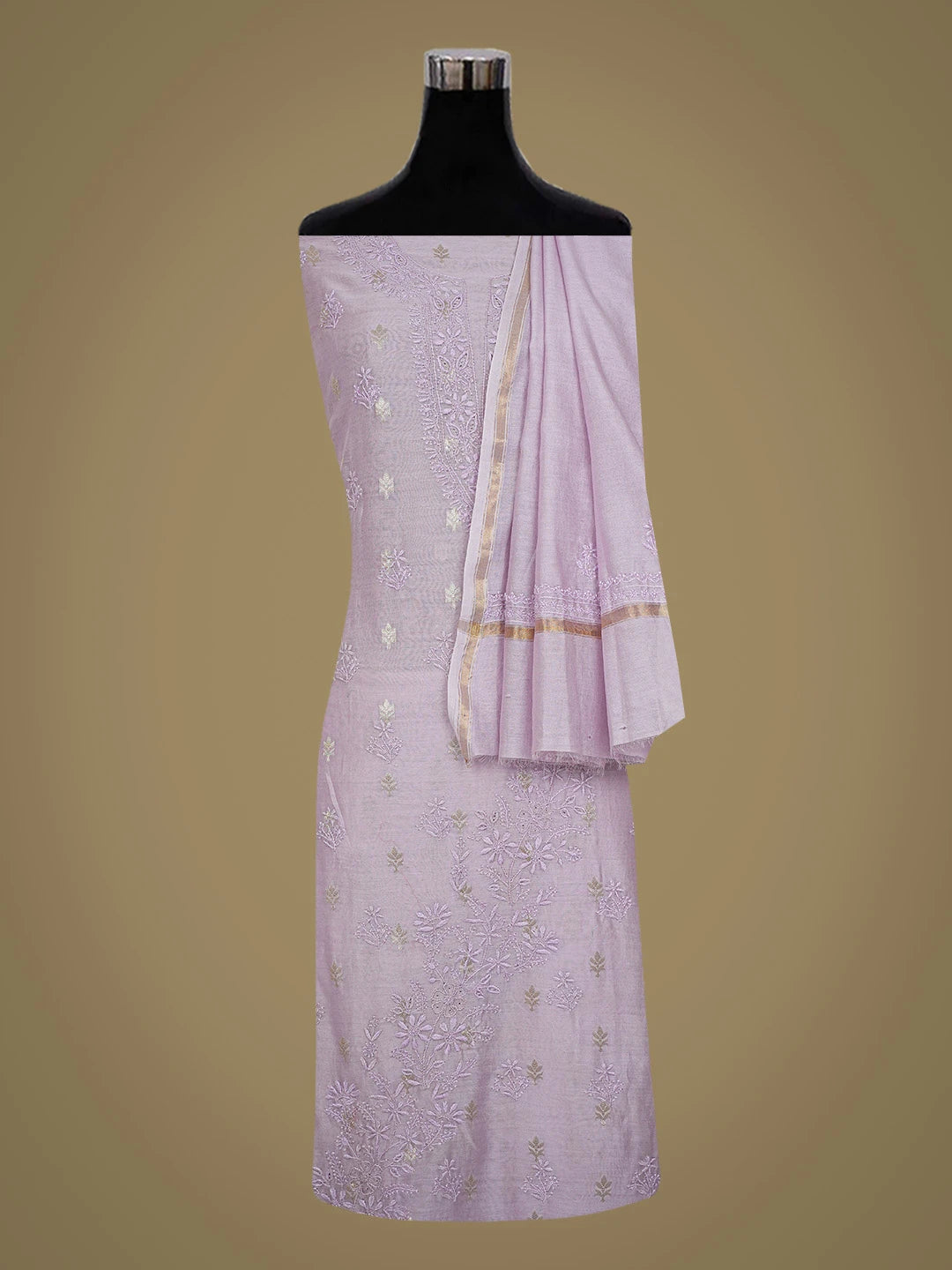 Ada Hand Embroidered Lavender Chanderi Lucknowi Chikankari Unstitched Kurta Dupatta Set 01A729070