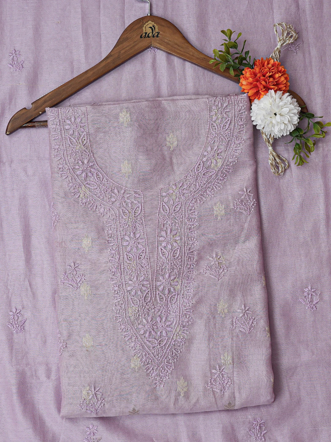 Ada Hand Embroidered Lavender Chanderi Lucknowi Chikankari Unstitched Kurta Dupatta Set 01A729070