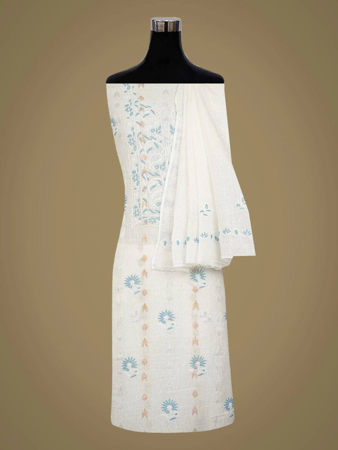 Ada Hand Embroidered White Linen Lucknowi Chikankari Unstitched Kurta Dupatta Set 01A702609