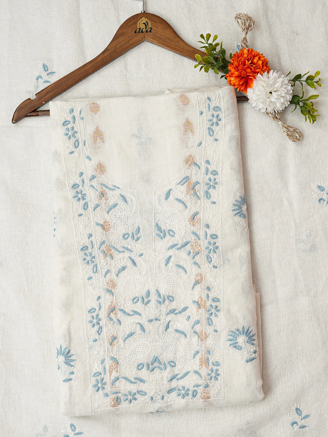 Ada Hand Embroidered White Linen Lucknowi Chikankari Unstitched Kurta Dupatta Set 01A702609