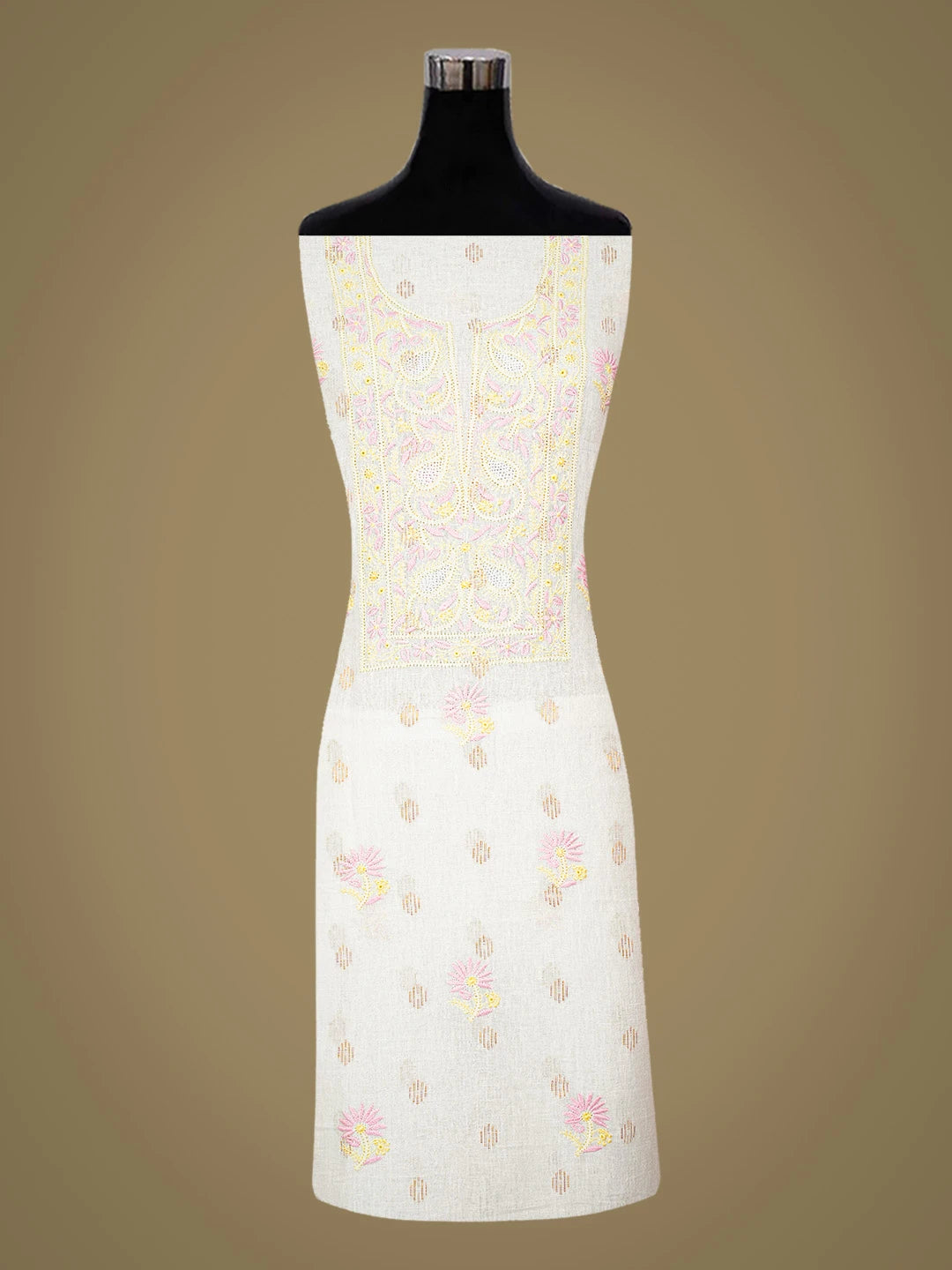 Ada Hand Embroidered White Linen Lucknowi Chikankari Unstitched Kurta Dupatta Set 01A702596