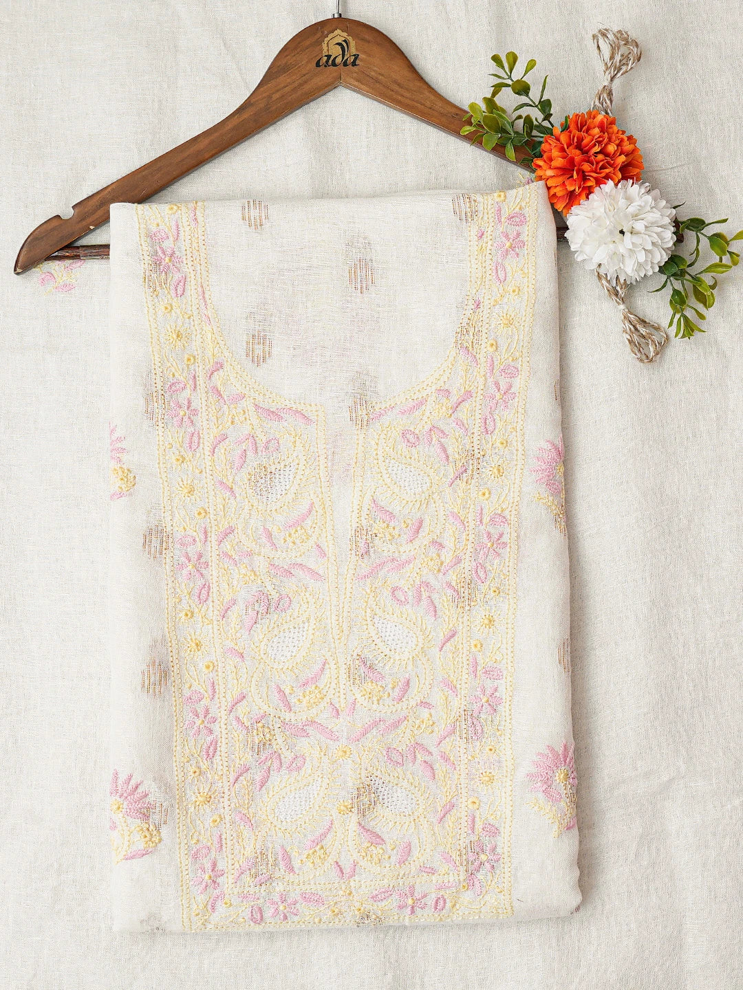Ada Hand Embroidered White Linen Lucknowi Chikankari Unstitched Kurta Dupatta Set 01A702596