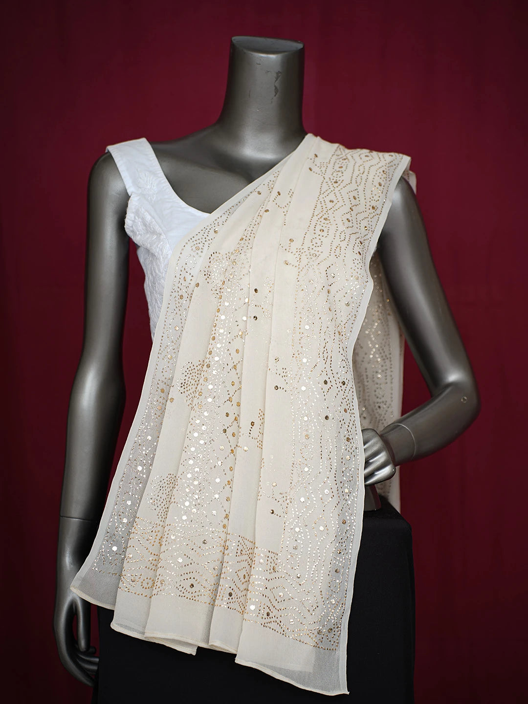 Ada Hand Embroidered Ivory White Pure Georgette Lucknowi Chikankari Dupatta With Mukaish Work A564590