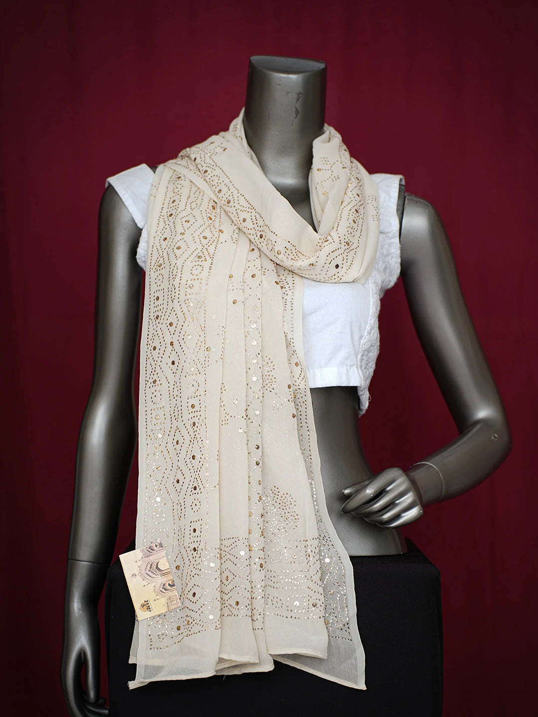 Ada Hand Embroidered Ivory White Pure Georgette Lucknowi Chikankari Dupatta With Mukaish Work A564590