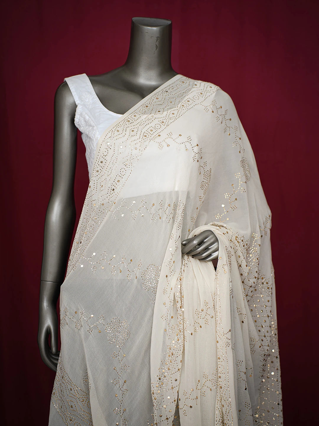 Ada Hand Embroidered Ivory White Pure Georgette Lucknowi Chikankari Dupatta With Mukaish Work A564590