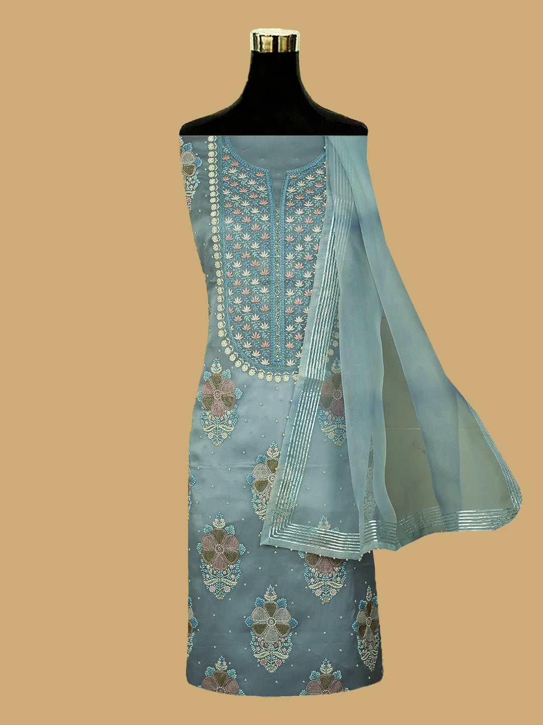 Ada Hand Embroidered Petrel Blue Grey Organza Lucknowi Chikankari Unstitched Kurta Dupatta Set With Pearl Work 01A727164