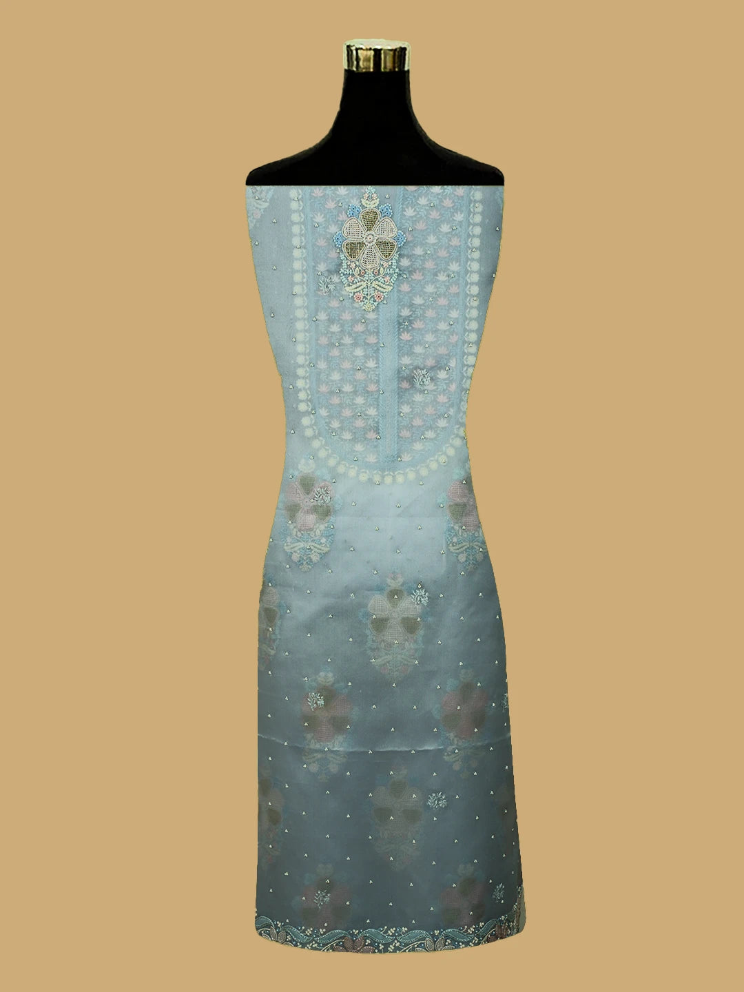 Ada Hand Embroidered Petrel Blue Grey Organza Lucknowi Chikankari Unstitched Kurta Dupatta Set With Pearl Work 01A727164