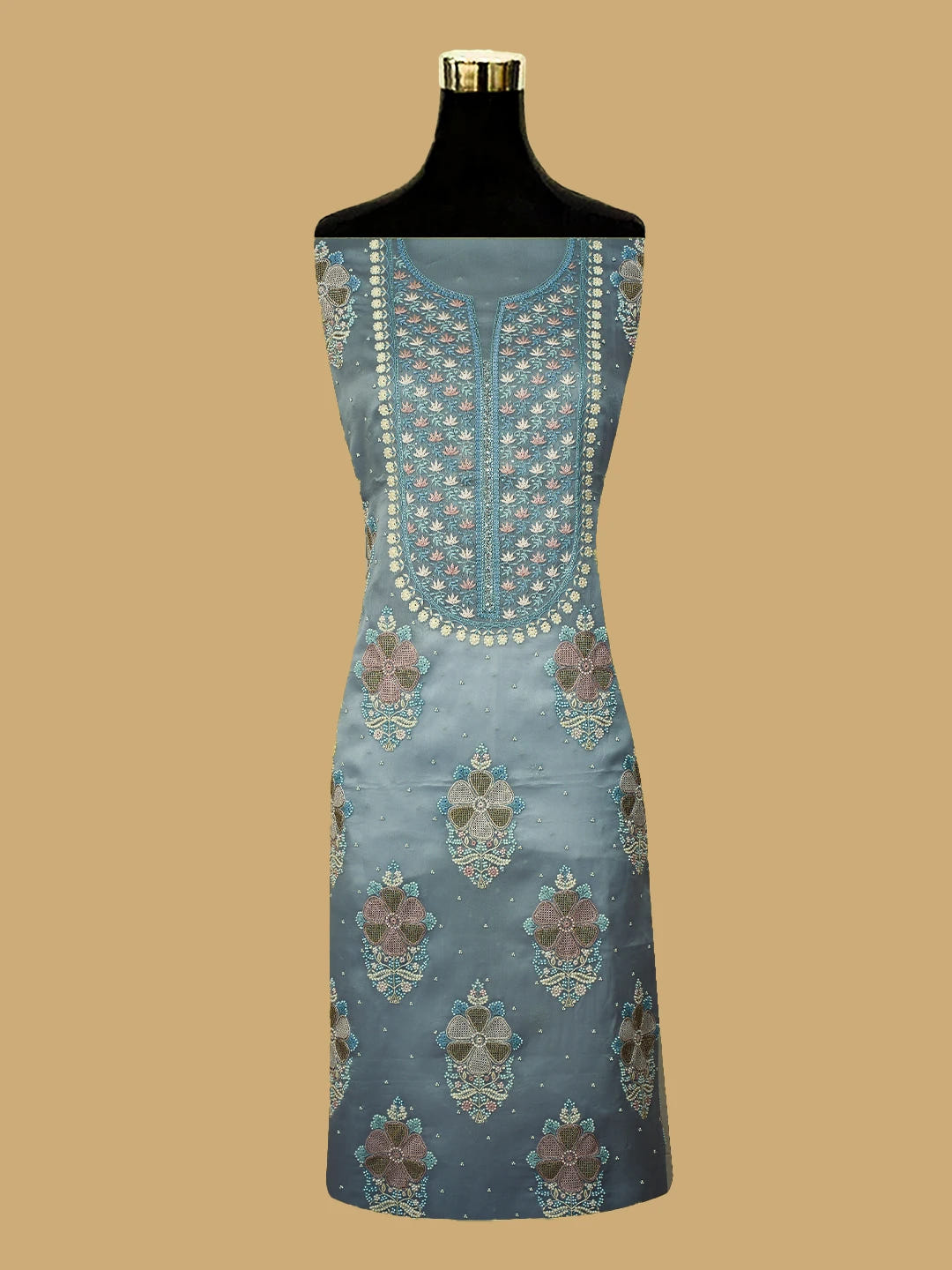 Ada Hand Embroidered Petrel Blue Grey Organza Lucknowi Chikankari Unstitched Kurta Dupatta Set With Pearl Work 01A727164