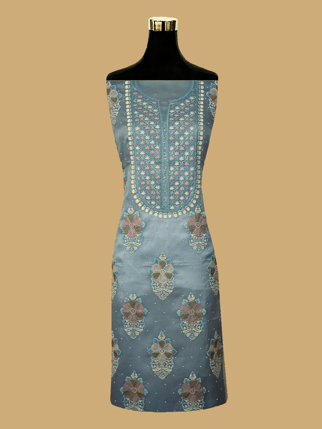 Ada Hand Embroidered Petrel Blue Grey Organza Lucknowi Chikankari Unstitched Kurta Dupatta Set With Pearl Work 01A727164