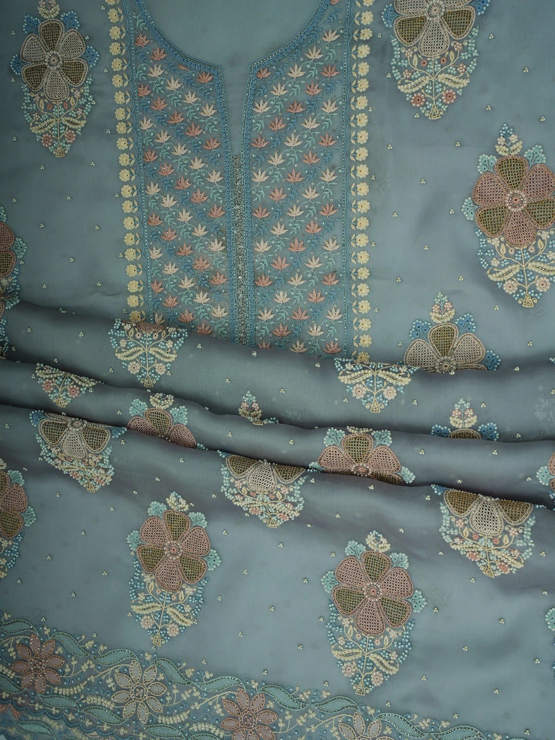 Ada Hand Embroidered Petrel Blue Grey Organza Lucknowi Chikankari Unstitched Kurta Dupatta Set With Pearl Work 01A727164