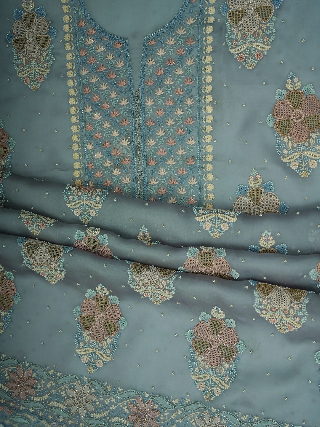 Ada Hand Embroidered Petrel Blue Grey Organza Lucknowi Chikankari Unstitched Kurta Dupatta Set With Pearl Work 01A727164
