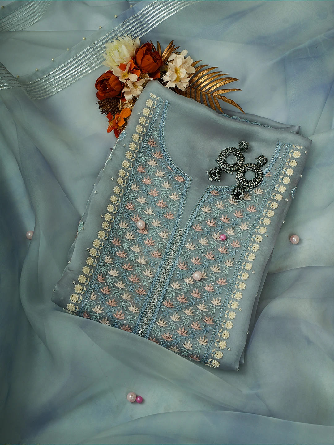Ada Hand Embroidered Petrel Blue Grey Organza Lucknowi Chikankari Unstitched Kurta Dupatta Set With Pearl Work 01A727164