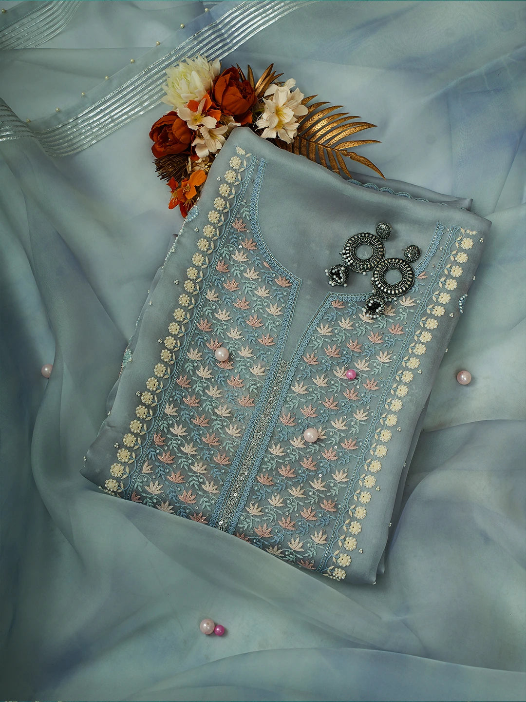 Ada Hand Embroidered Petrel Blue Grey Organza Lucknowi Chikankari Unstitched Kurta Dupatta Set With Pearl Work 01A727164
