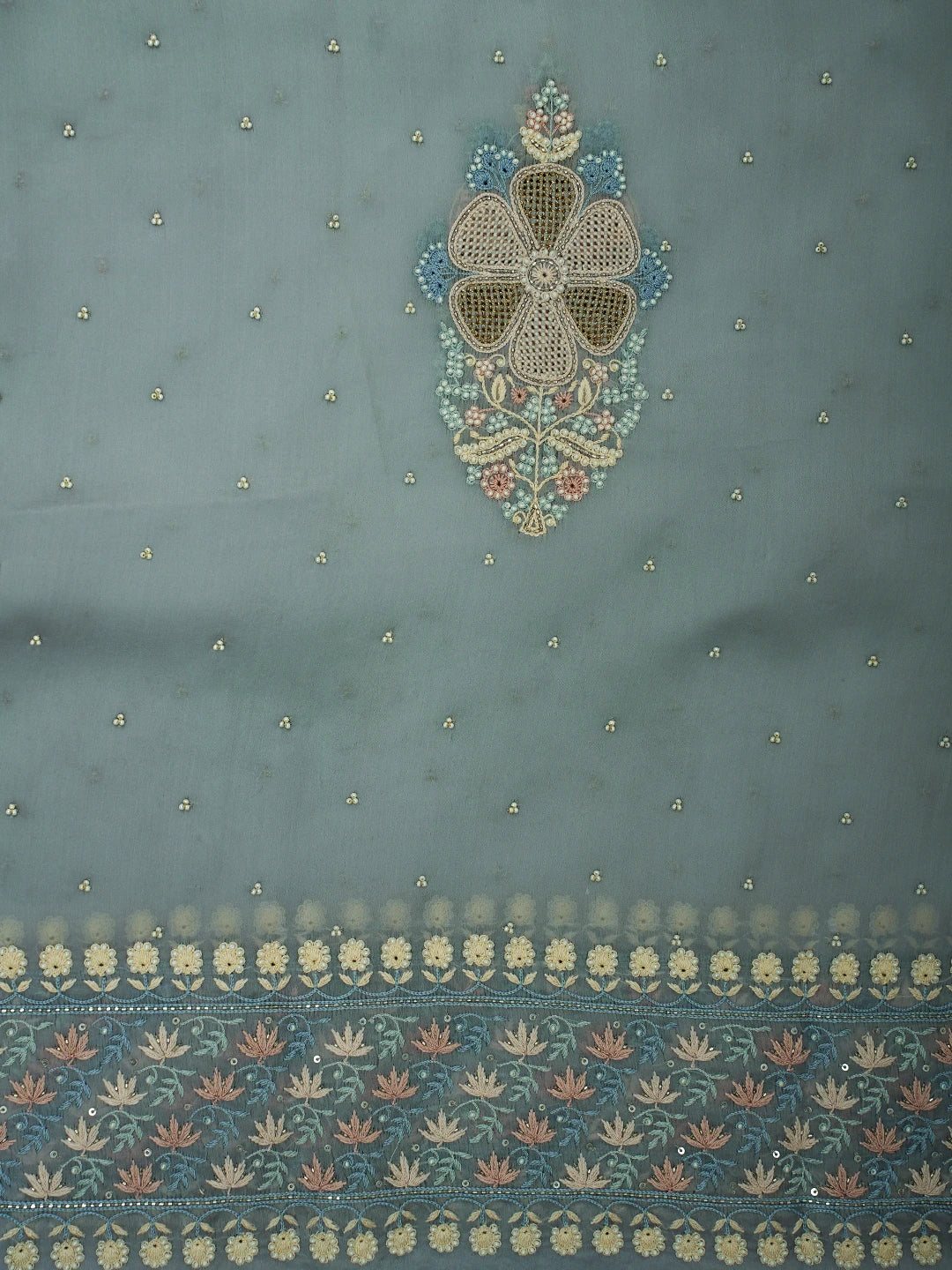 Ada Hand Embroidered Petrel Blue Grey Organza Lucknowi Chikankari Unstitched Kurta Dupatta Set With Pearl Work 01A727164