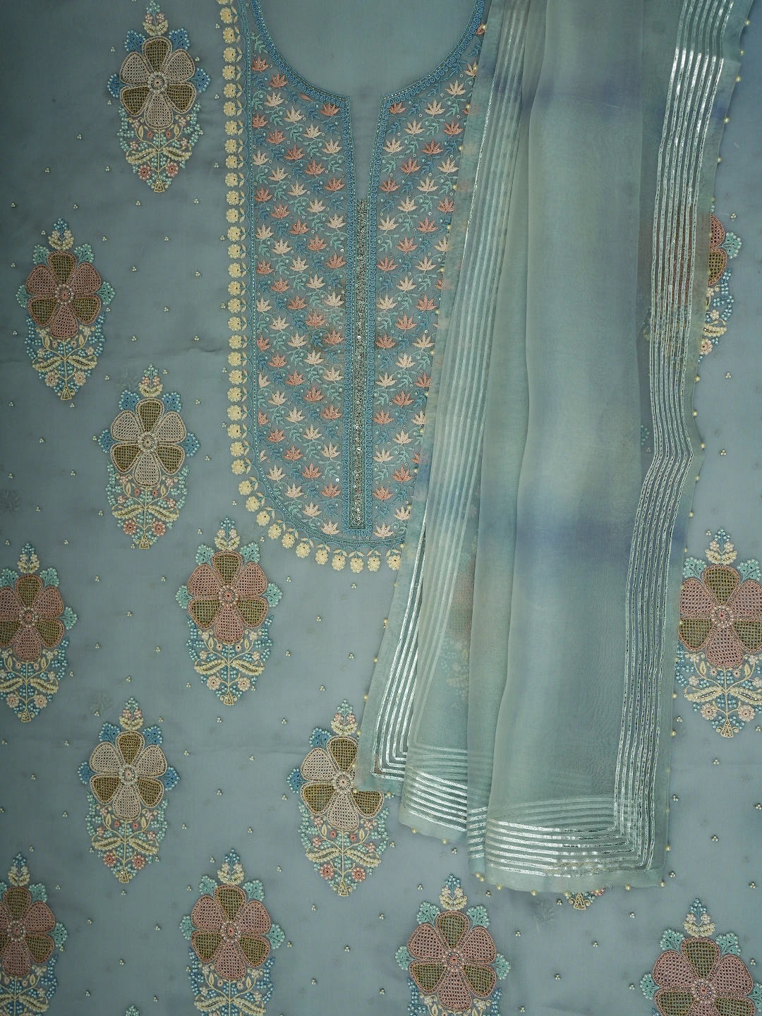 Ada Hand Embroidered Petrel Blue Grey Organza Lucknowi Chikankari Unstitched Kurta Dupatta Set With Pearl Work 01A727164