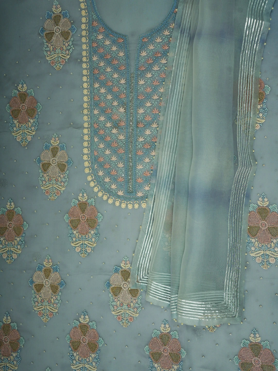 Ada Hand Embroidered Petrel Blue Grey Organza Lucknowi Chikankari Unstitched Kurta Dupatta Set With Pearl Work 01A727164
