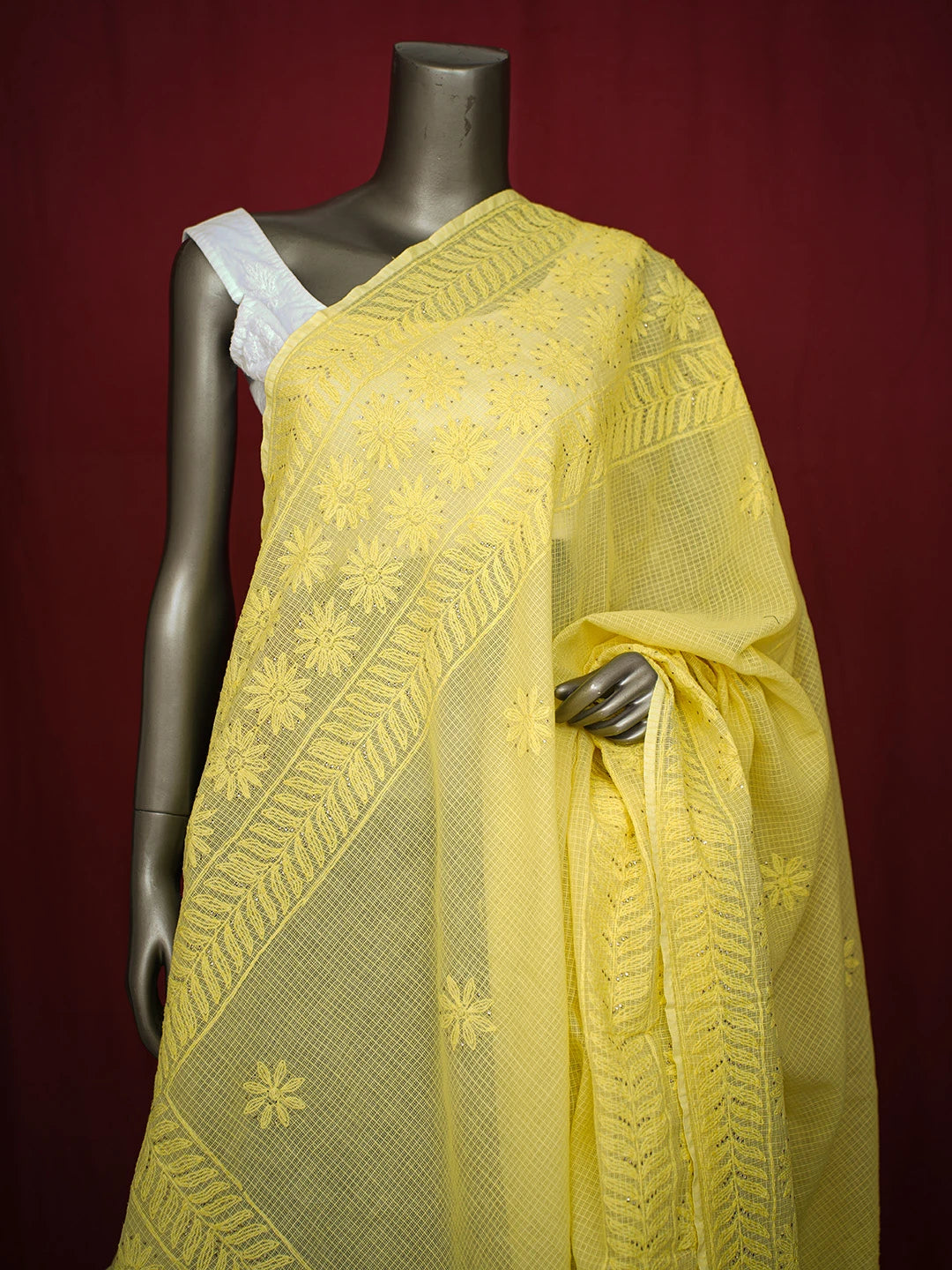 Ada Hand Embroidered Yellow Kota Lucknowi Chikankari Dupatta With Mukaish Work 01A341903