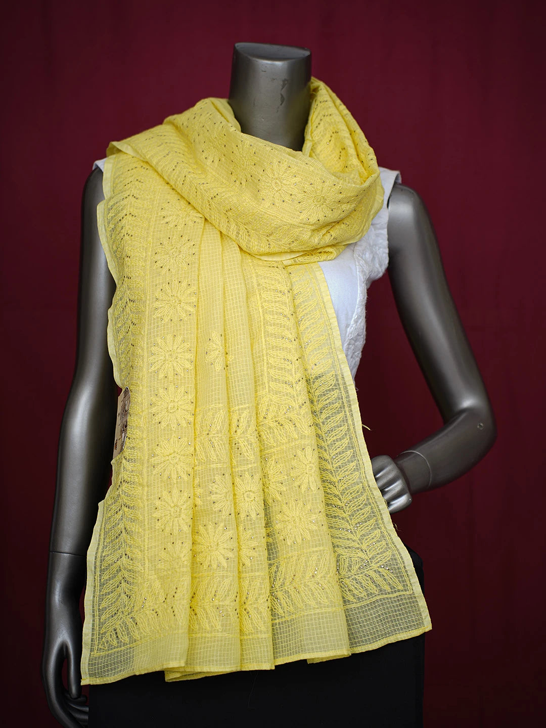 Ada Hand Embroidered Yellow Kota Lucknowi Chikankari Dupatta With Mukaish Work 01A341903