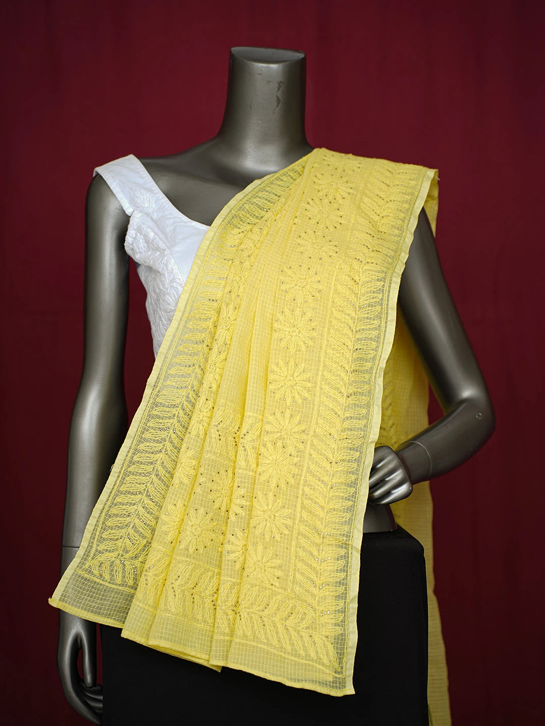 Ada Hand Embroidered Yellow Kota Lucknowi Chikankari Dupatta With Mukaish Work 01A341903
