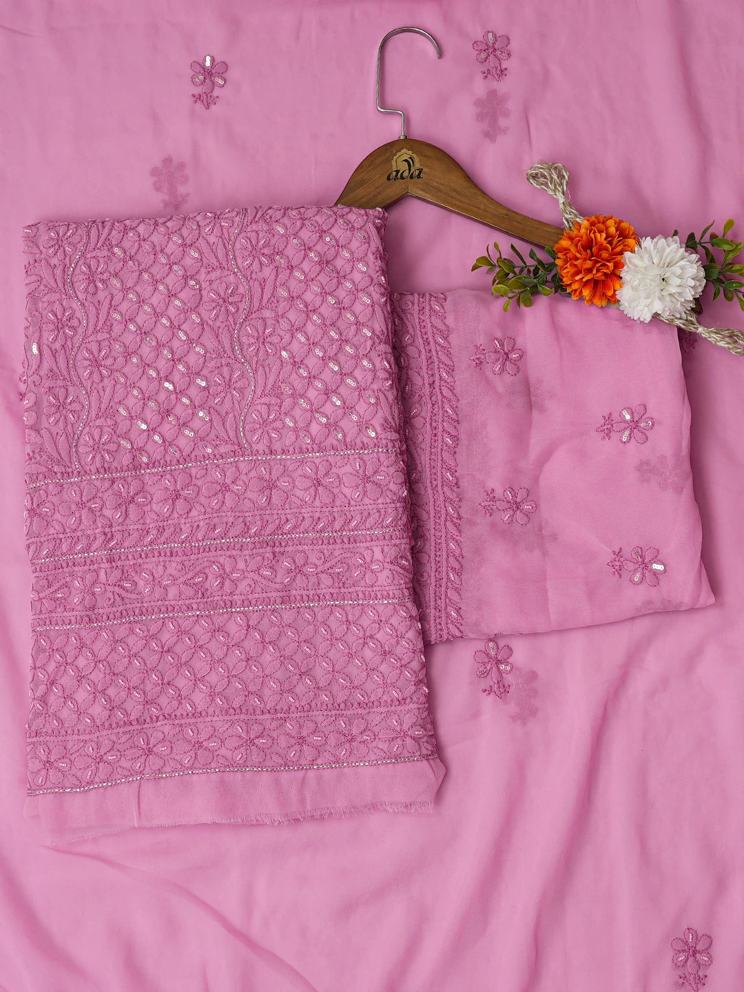 Ada Hand Embroidered Rose Pink Georgette Lucknowi Chikankari Unstitched Suit Piece With Cutdana Work 01A699161