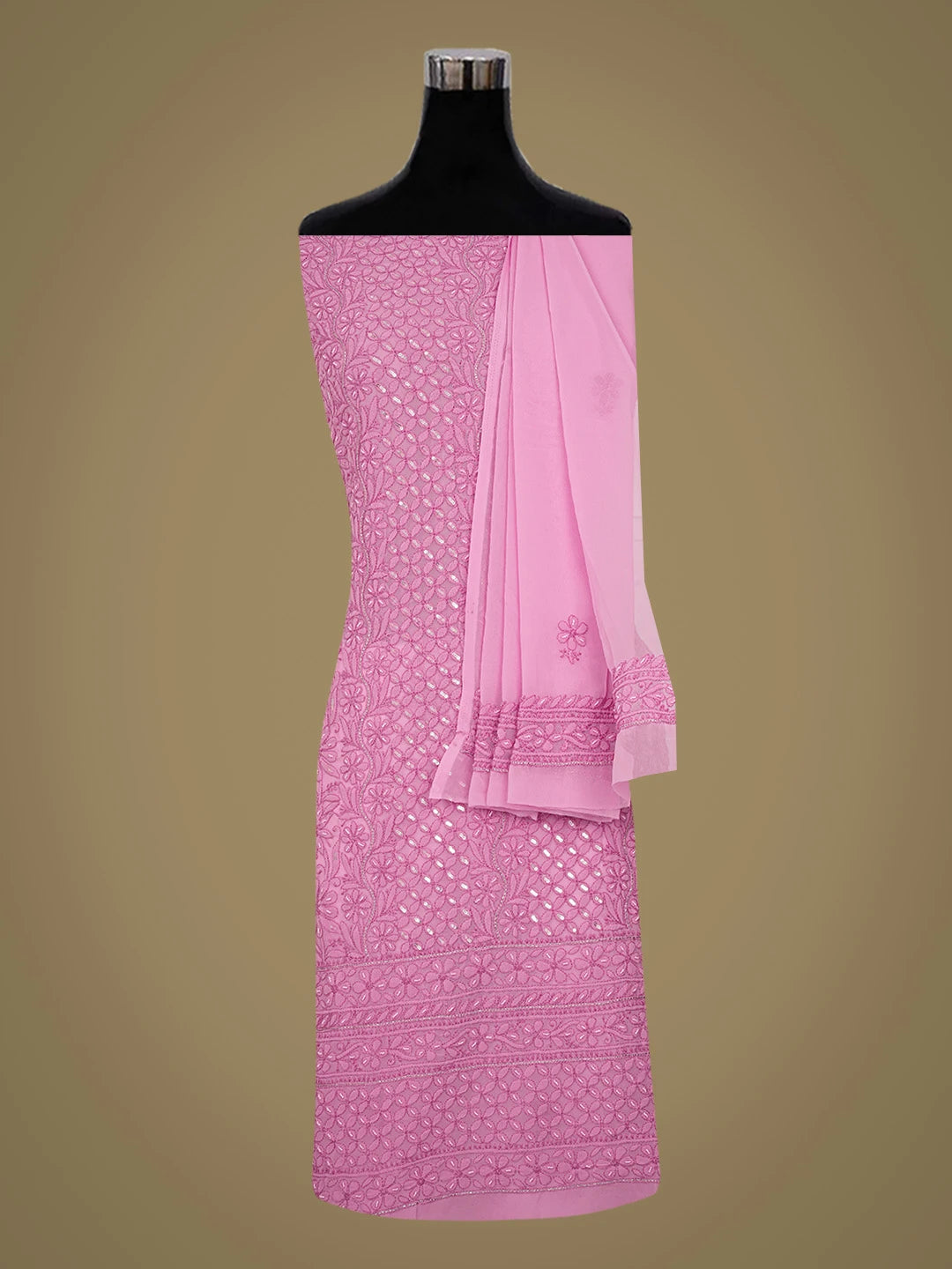 Ada Hand Embroidered Rose Pink Georgette Lucknowi Chikankari Unstitched Suit Piece With Cutdana Work 01A699161