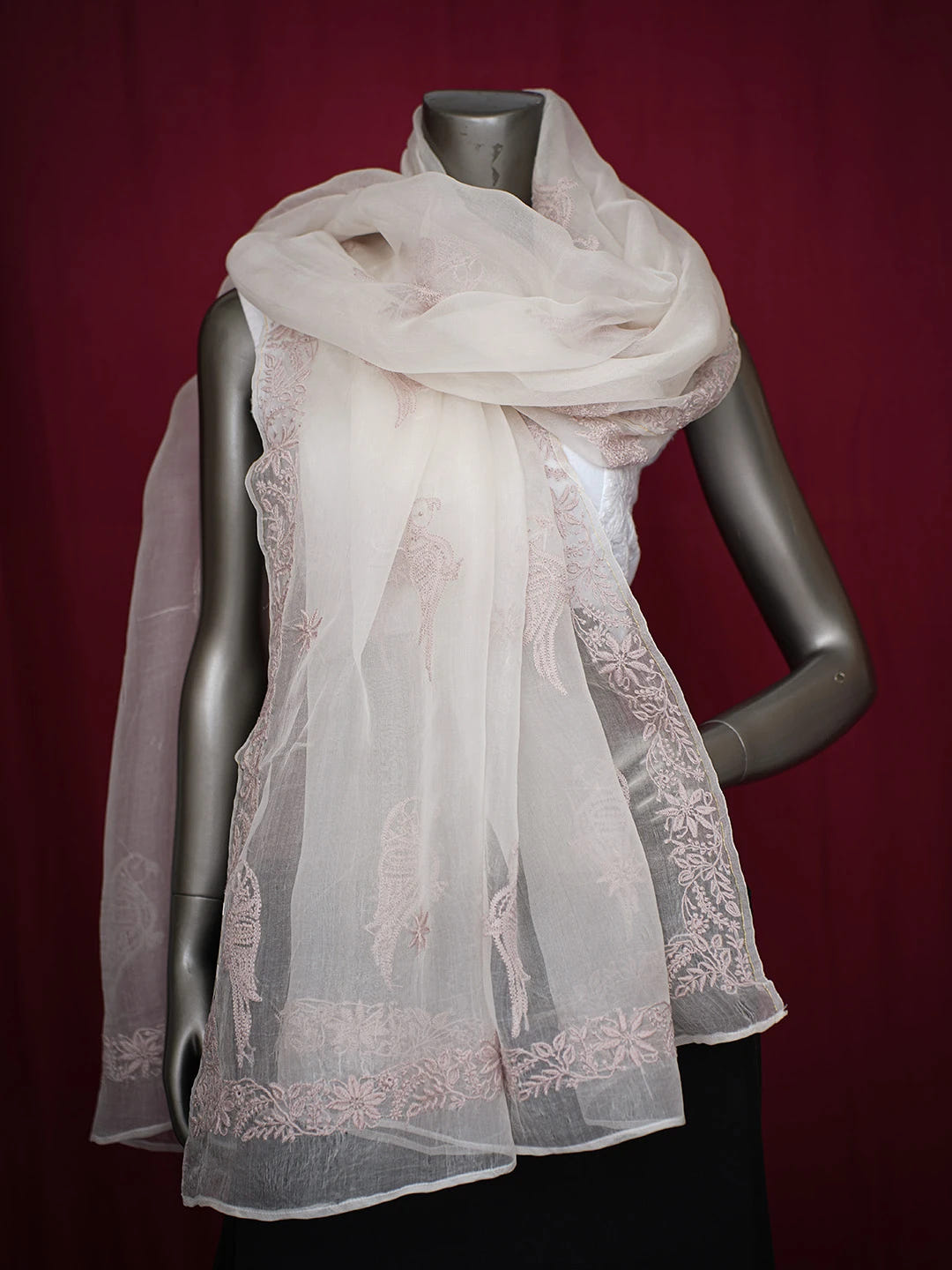 Ada Hand Embroidered Alabaster White Organza Lucknowi Chikankari Dupatta With Zari Work 01A729347