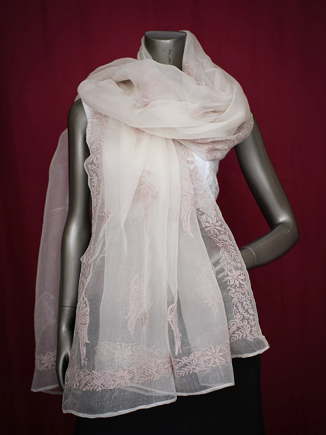 Ada Hand Embroidered Alabaster White Organza Lucknowi Chikankari Dupatta With Zari Work 01A729347