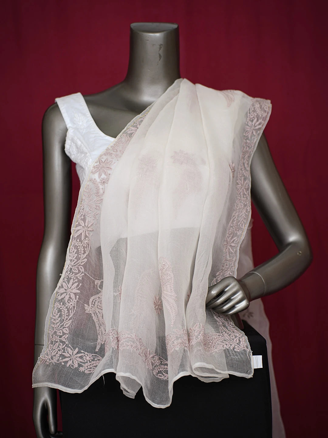 Ada Hand Embroidered Alabaster White Organza Lucknowi Chikankari Dupatta With Zari Work 01A729347