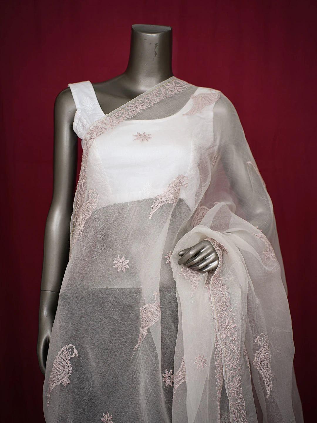 Ada Hand Embroidered Alabaster White Organza Lucknowi Chikankari Dupatta With Zari Work 01A729347