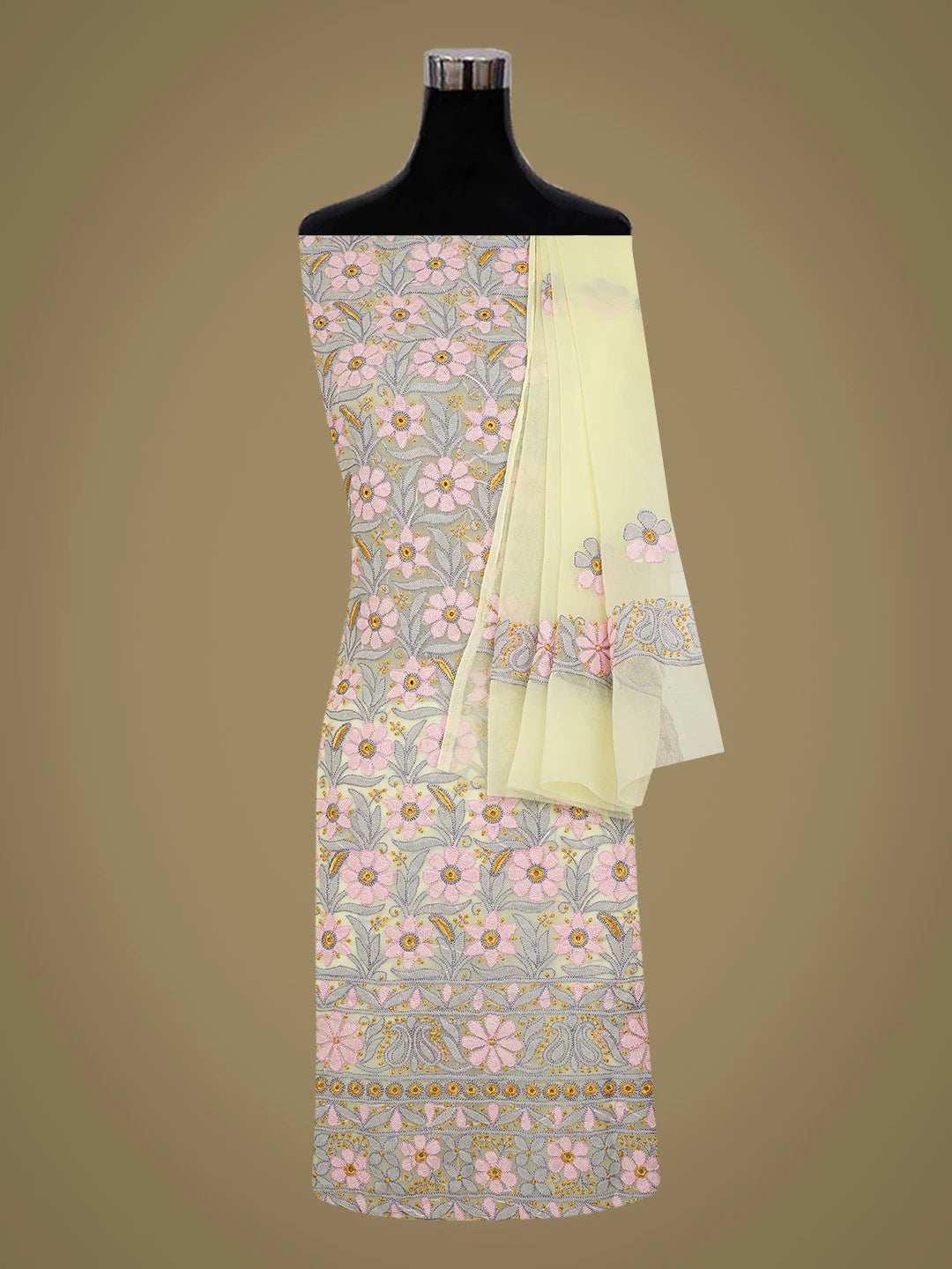 Ada Hand Embroidered Lemon Georgette Lucknowi Chikankari Unstitched Suit Piece 01A726767