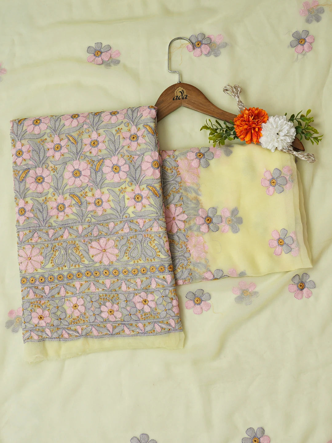 Ada Hand Embroidered Lemon Georgette Lucknowi Chikankari Unstitched Suit Piece 01A726767