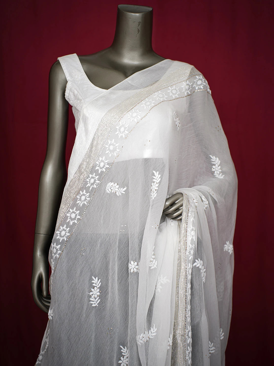 Ada Hand Embroidered Smoke White Chiffon Lucknowi Chikankari Dupatta With Mukaish Work 01A721842