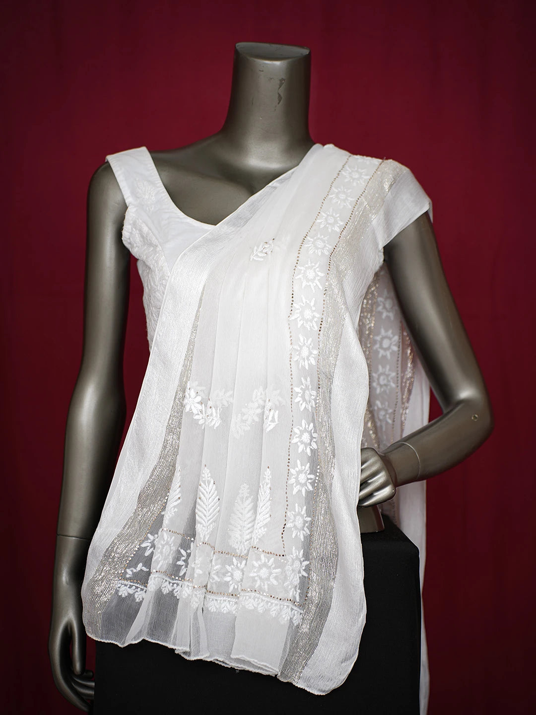Ada Hand Embroidered Smoke White Chiffon Lucknowi Chikankari Dupatta With Mukaish Work 01A721842