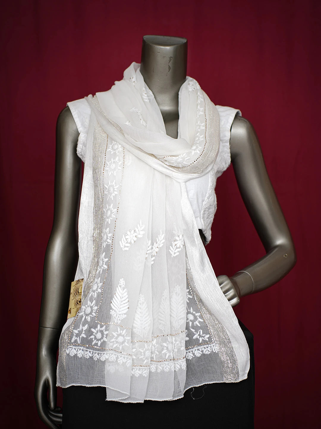 Ada Hand Embroidered Smoke White Chiffon Lucknowi Chikankari Dupatta With Mukaish Work 01A721842