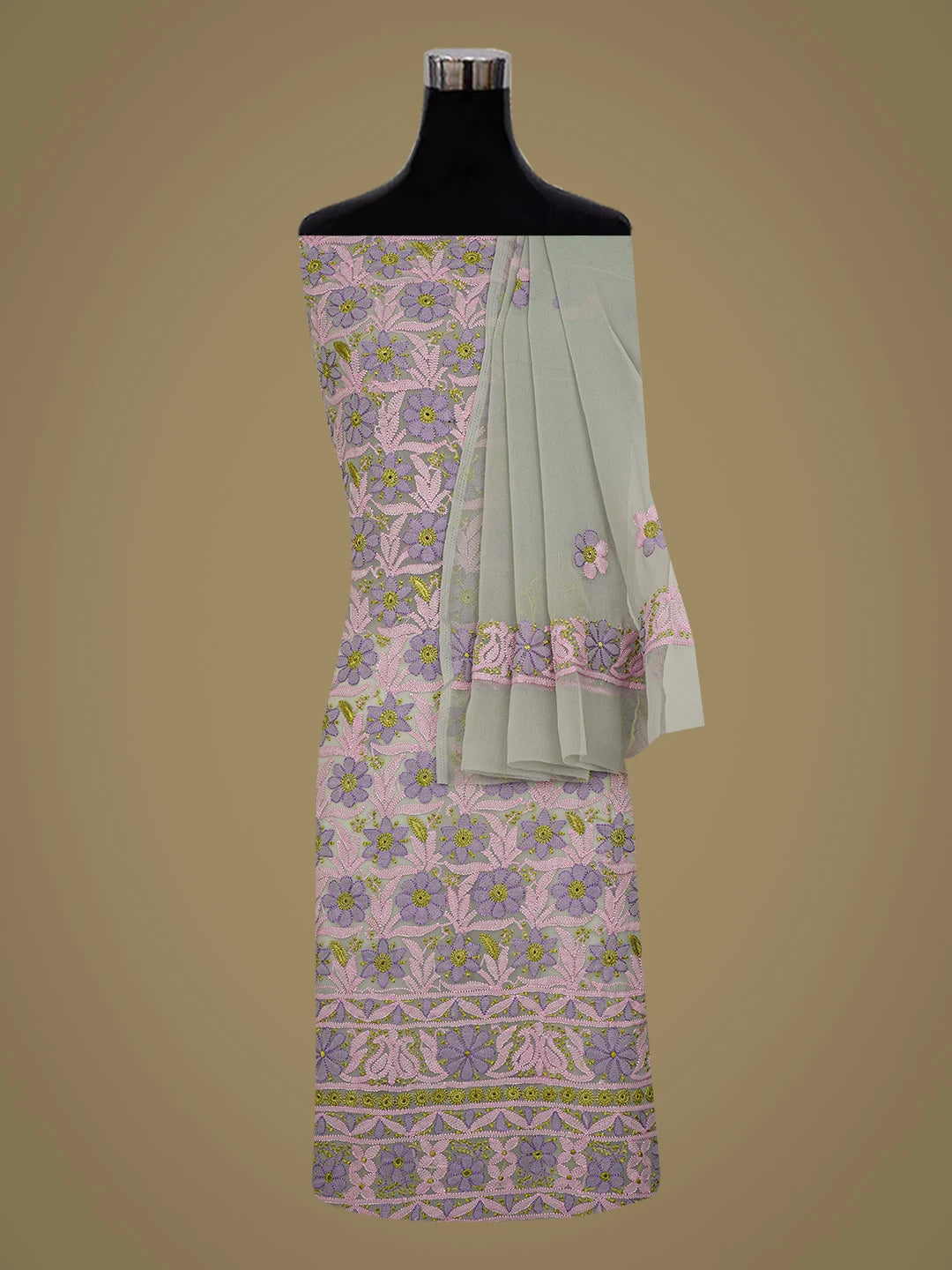Ada Hand Embroidered Reseda Green Georgette Lucknowi Chikankari Unstitched Suit Piece 01A726764